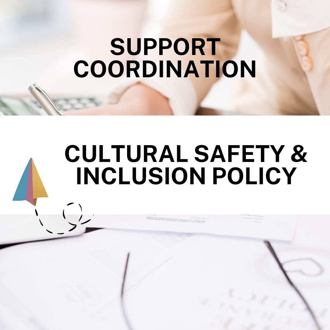 Text overlay on a blurred background with 'Support Coordination' and 'Cultural Safety & Inclusion Policy'.