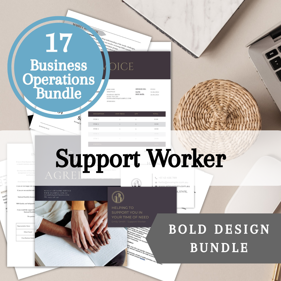 Collection of business documents with a laptop and woven coaster on a desk, labeled '17 ndis Business Operations template Bundle'.