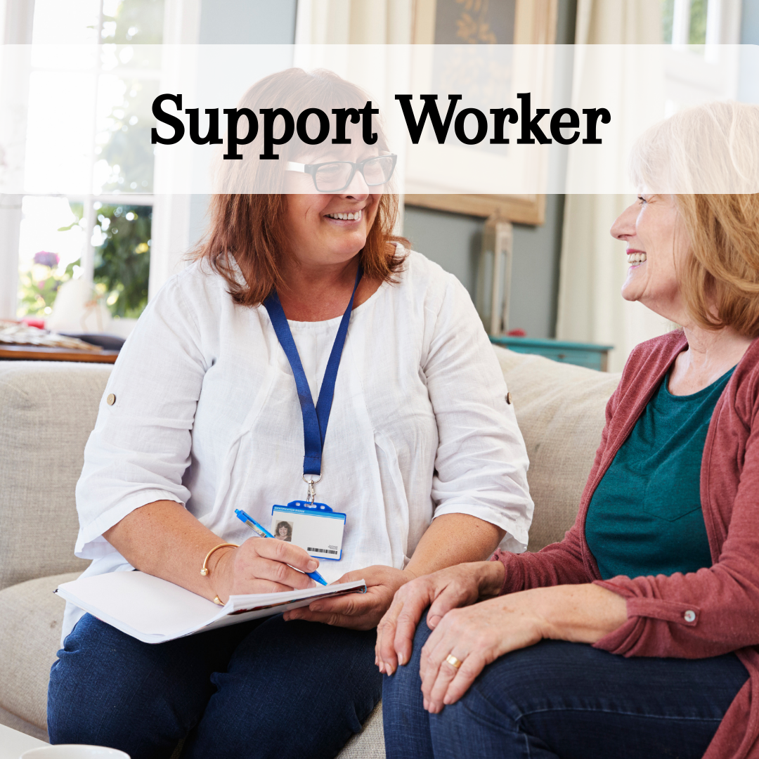 Support worker and client sitting on a couch, with the text 'Support Worker' displayed.
